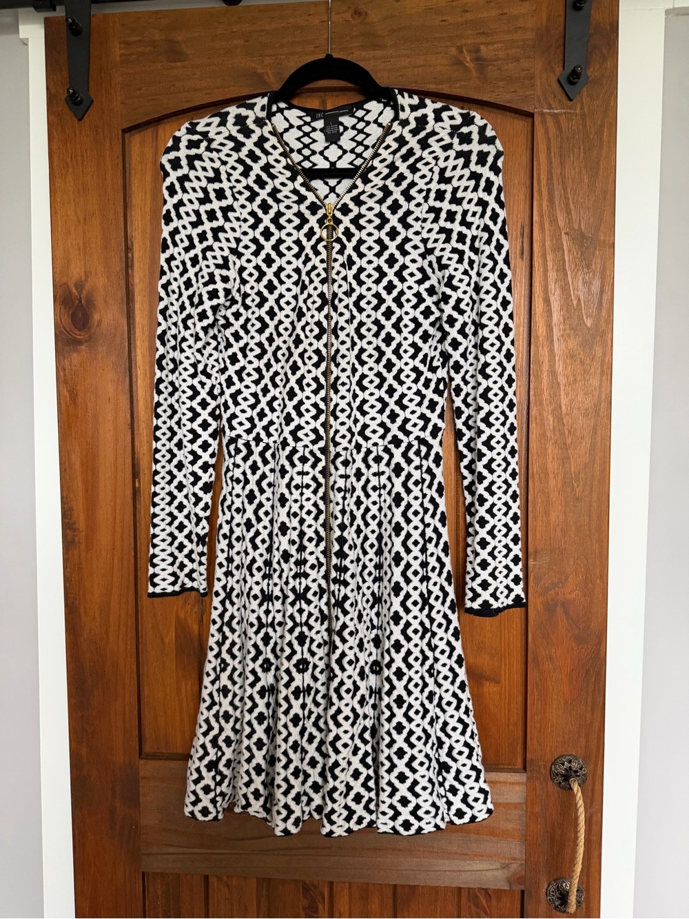 INC International Concepts Black and White Geometric Zip-Front Midi Dress